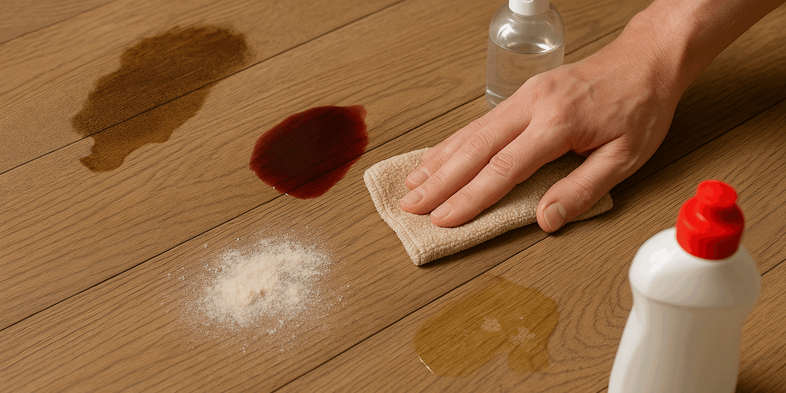 Hvordan fjerner jeg pletter fra mit trægulv? Effektive metoder til et pletfrit resultat Illustration af Hvordan fjerner jeg pletter fra mit trægulv? Effektive metoder til et pletfrit resultat