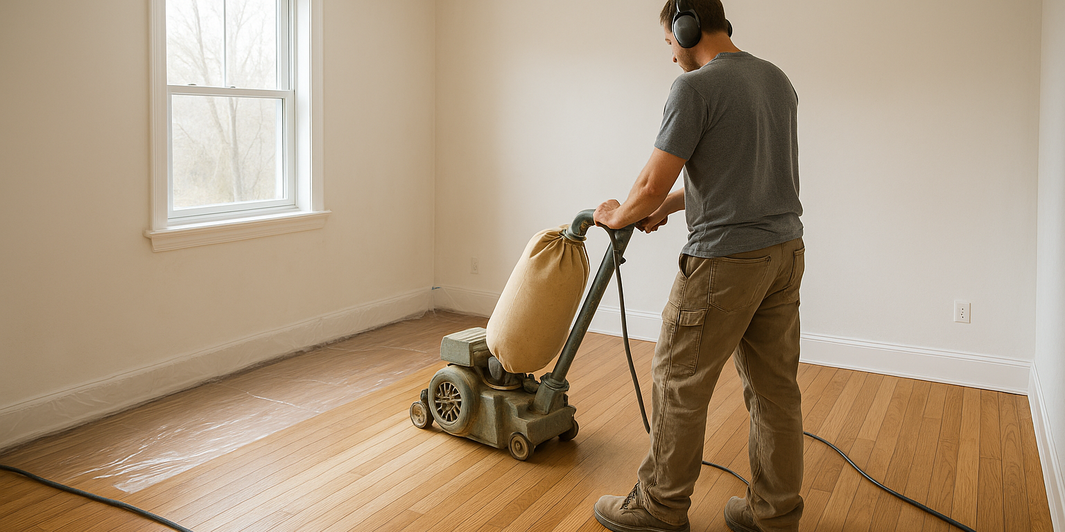 Illustration af Gulvafslibning før eller efter maling: Hvad er den bedste rækkefølge?