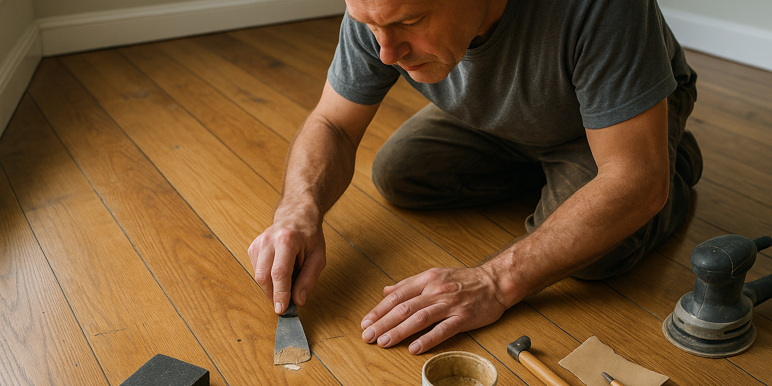 Illustration af Reparation af trægulv: Sådan vælger du den rette løsning til dine gulvskader