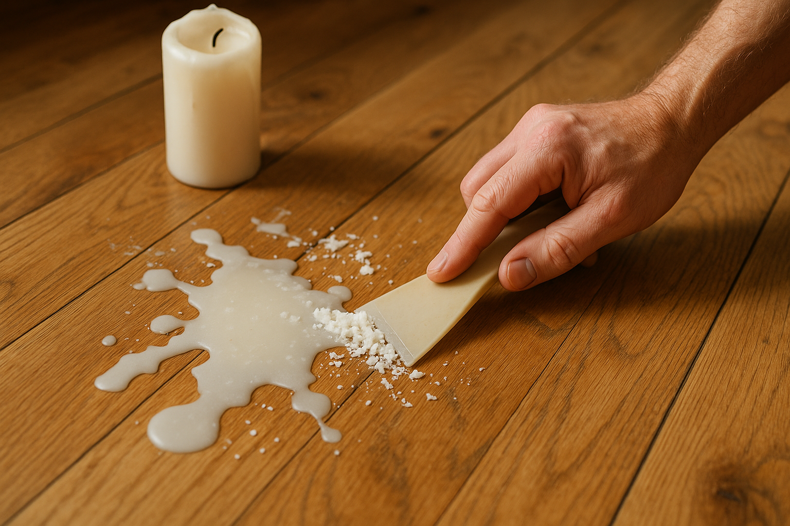 Illustration af Fjern stearin fra trægulv: Sådan undgår du skader på dit gulv