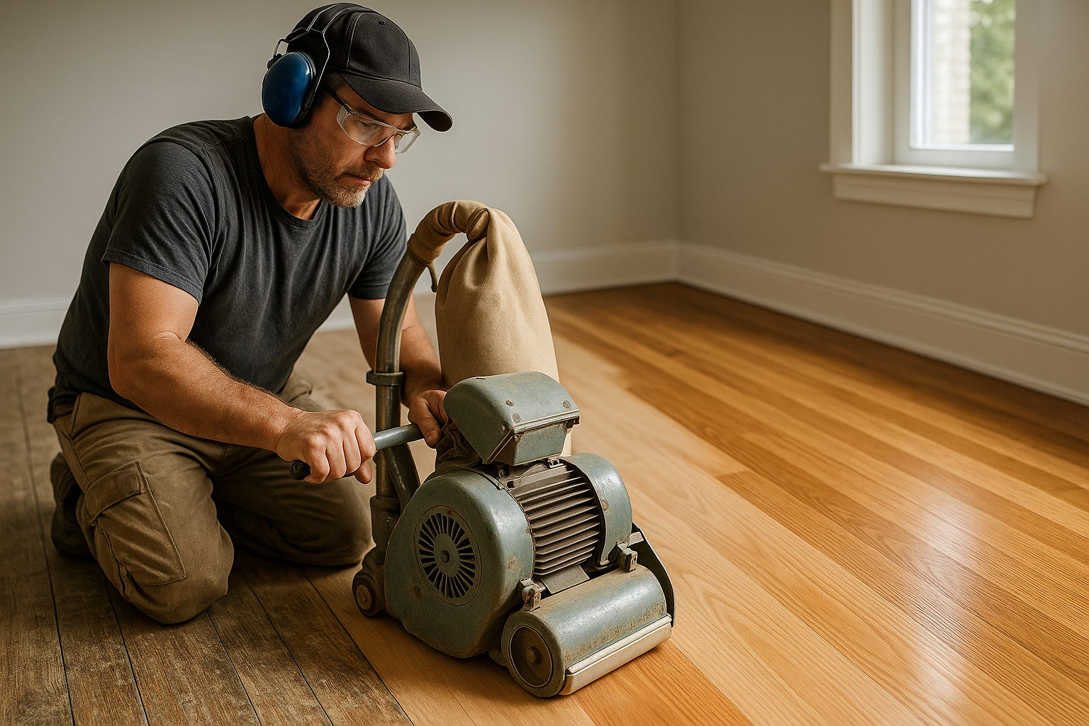 Illustration af Hvordan ser resultatet typisk ud efter en gulvafslibning? Se de imponerende før- og efterbilleder