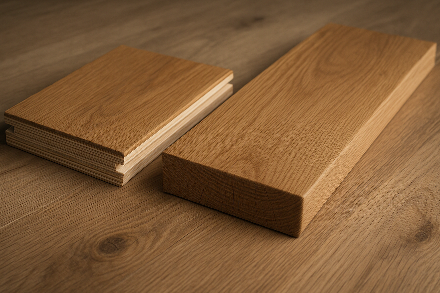 Illustration af Lamelgulv vs massivt gulv: Hvilket er det rette valg for dit hjem?